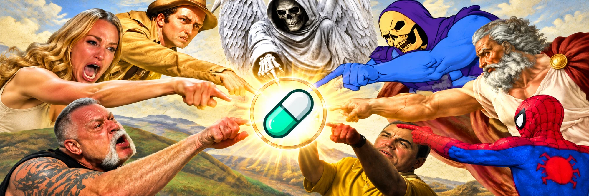 A crowd of heroes, villains and ordinary people all pointing at one glowing green and white pill