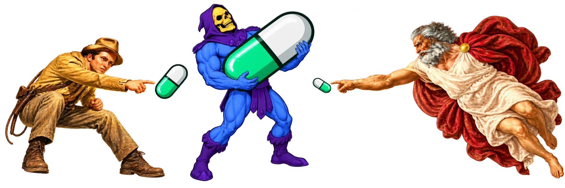 An explorer, a blue skull warrior holding a giant green pill and a fresco god, all pointing at green pills
