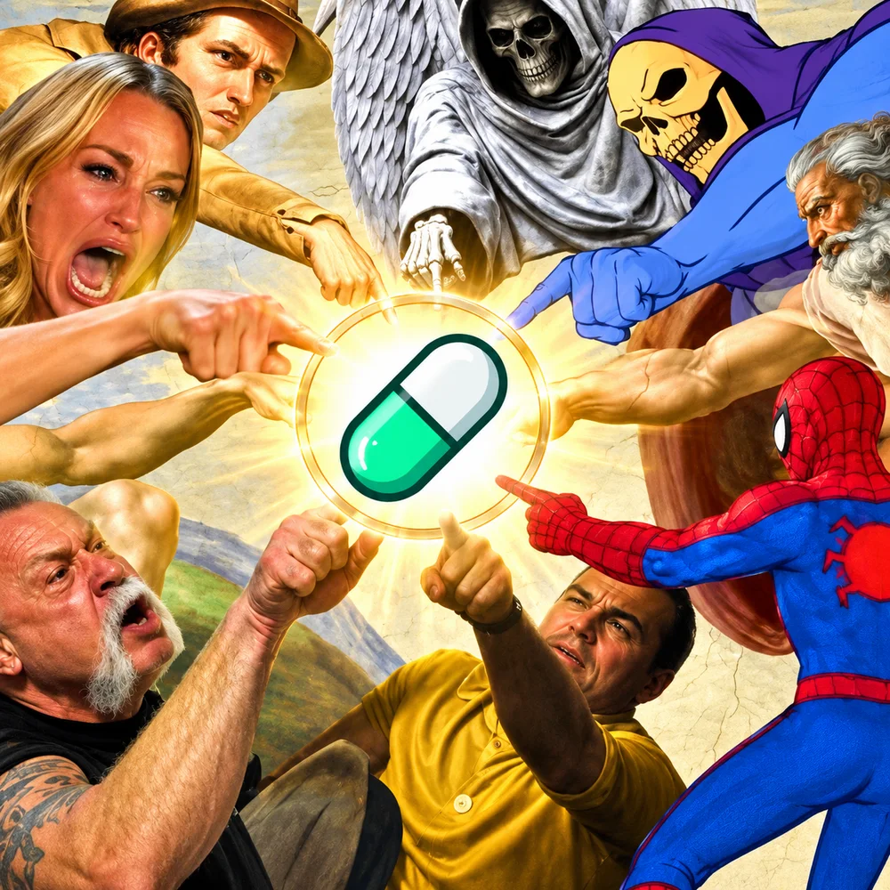 Everyone pointing at a glowing pill