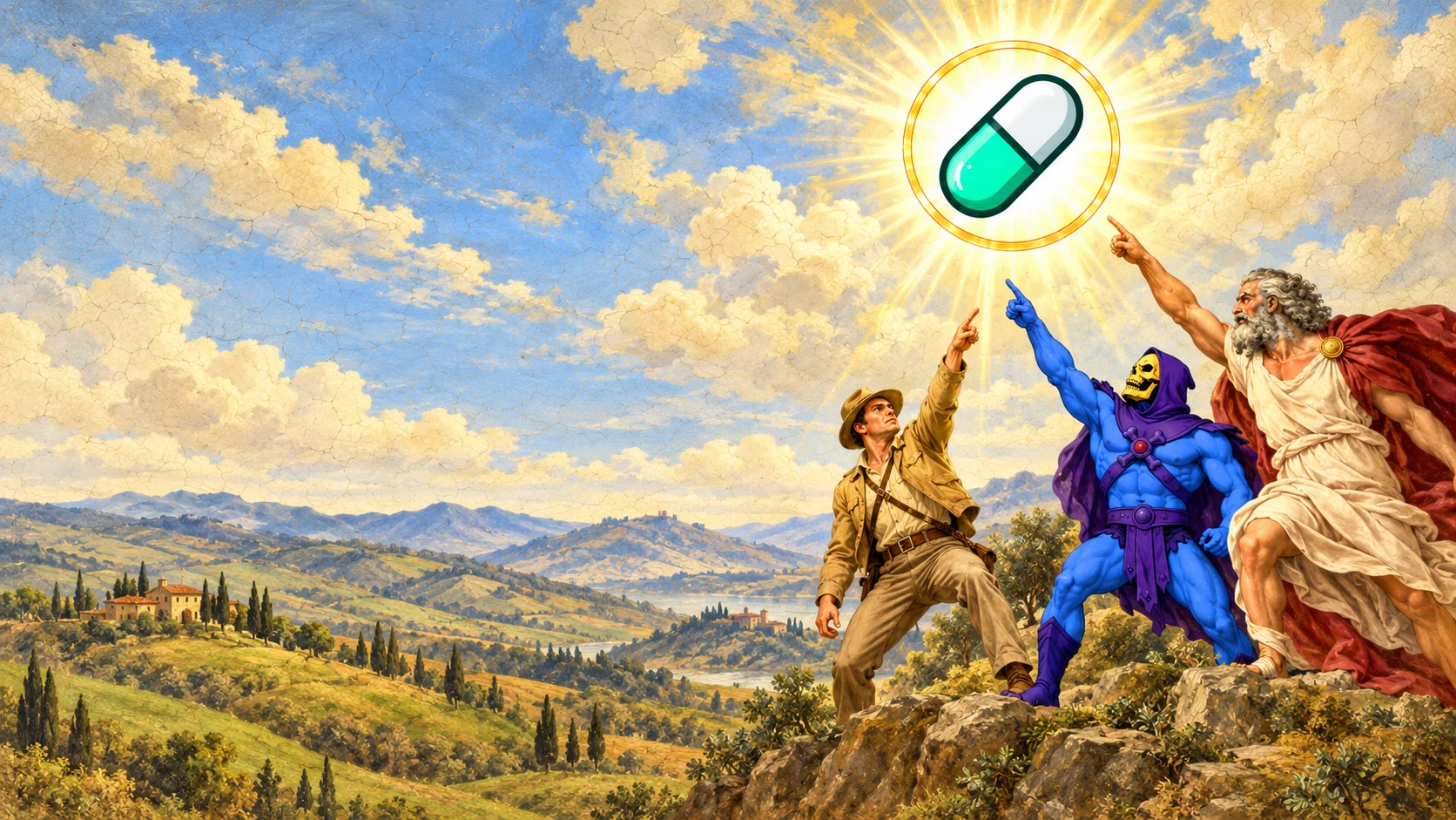 An explorer, a skull warrior and a fresco god on a hill pointing at a pill shining in the sky